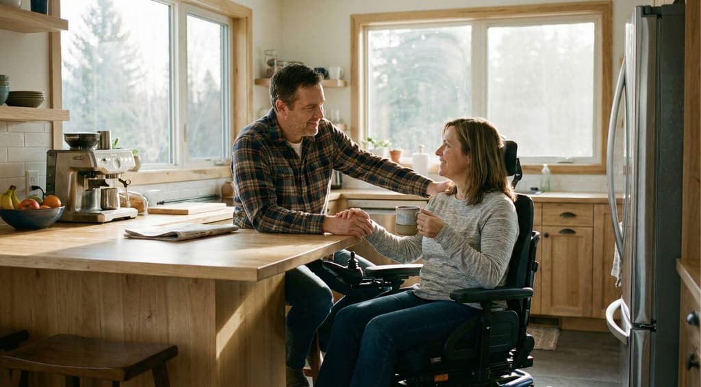 An Ohio couple — one in a wheelchair — share a quiet moment on the back porch.