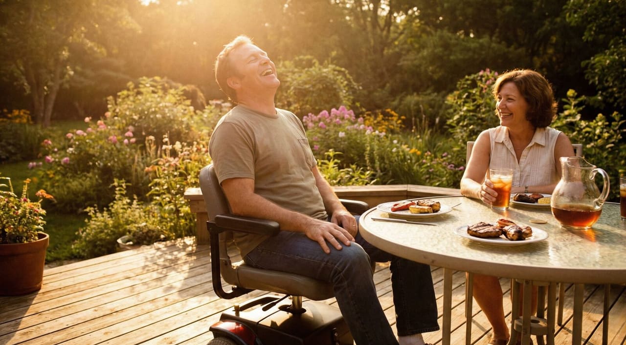 Husband and wife sharing lunch outdoors in a sunlit garden — Ohio family caregiving in everyday life.