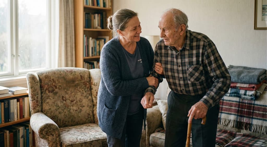A daughter walks arm-in-arm with her elderly father across their Ohio living room — the day-to-day care that Structured Family Caregiving (SFC) pays Medicaid family caregivers up to $1,800 a month, tax-free, to provide.