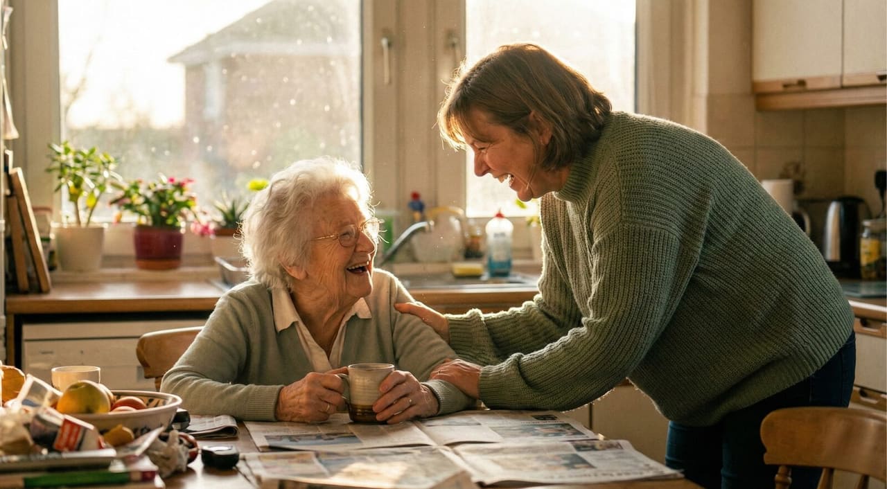 An Ohio family caregiver and her elderly mother share morning coffee at a sunlit kitchen table — the kind of everyday care CareCheck pays family caregivers to provide through Ohio Medicaid.