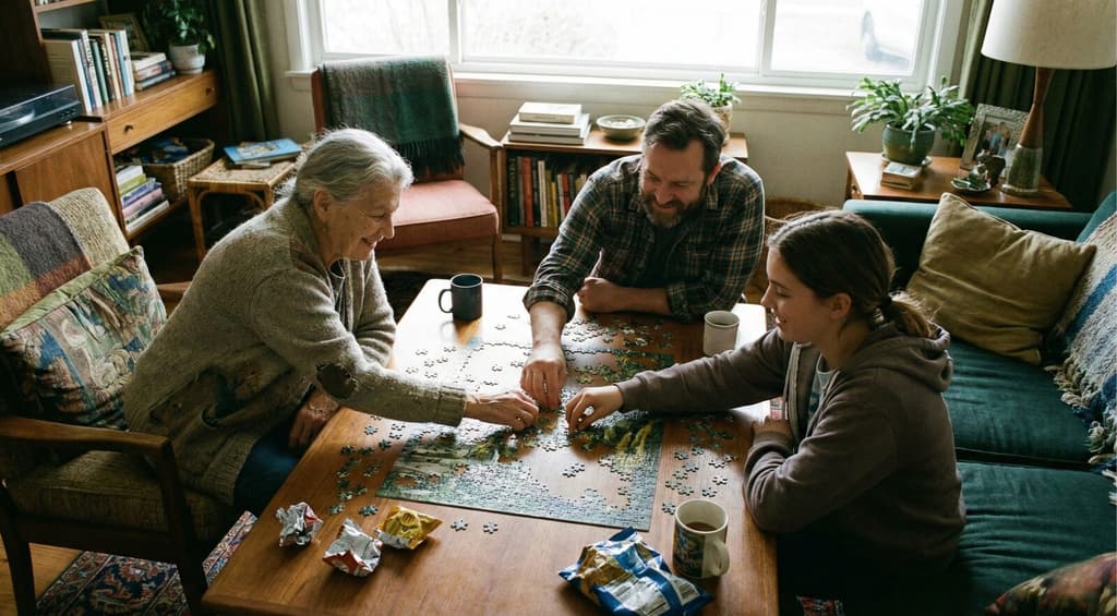 Three generations of an Ohio family solving a puzzle together at the kitchen table.