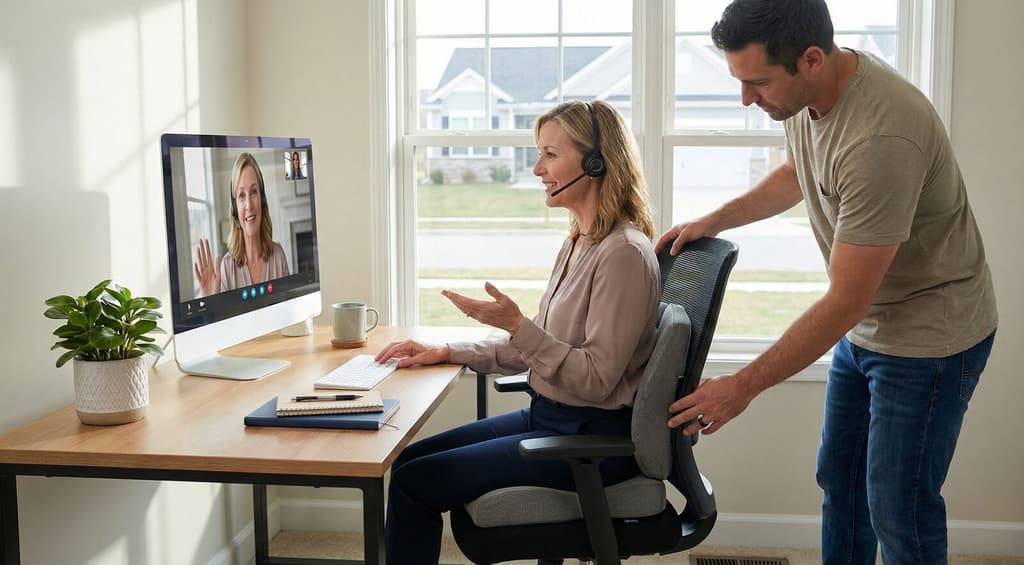 An Ohio family caregiver on a video check-in call with her CareCheck registered nurse coach from her own kitchen — every CareCheck care plan is supervised by an RN.