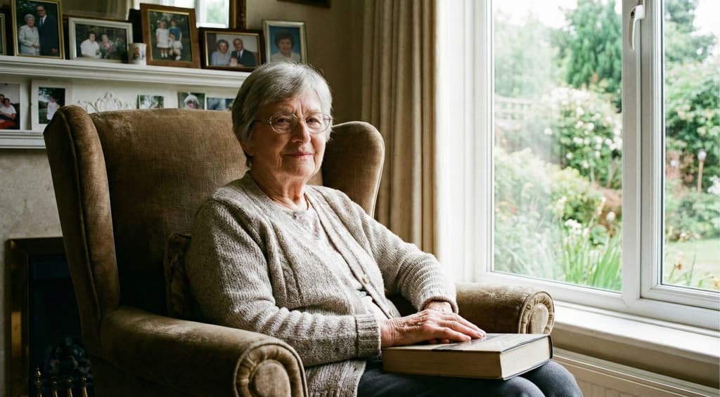 An older woman reading peacefully in her favorite armchair at home in Ohio.